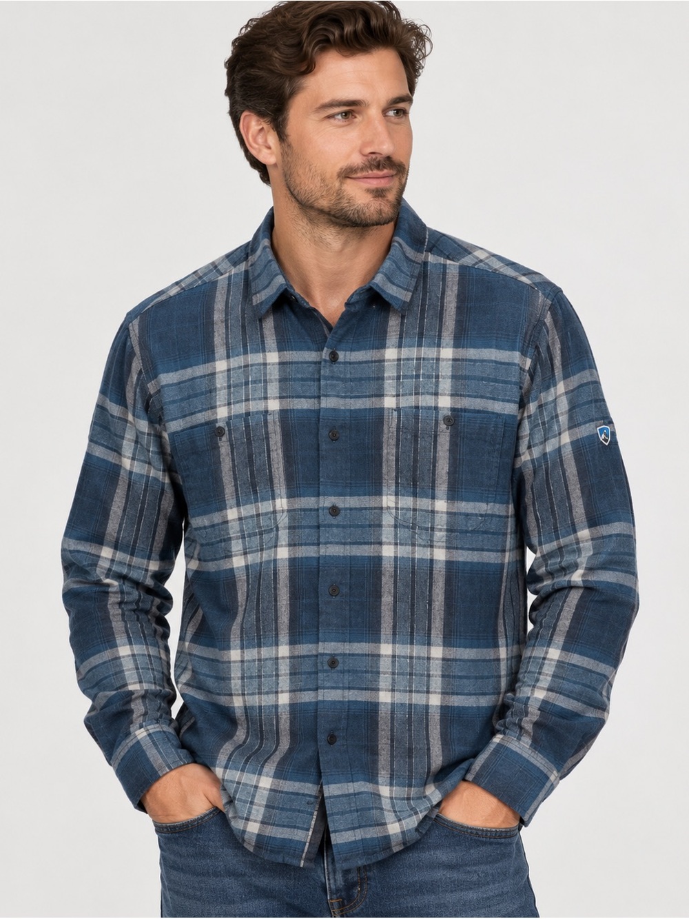 KÜHL Fugitive Flannel Shirt Men’s Large Blue Plaid Cotton Tencel Outdoor 24x29.5